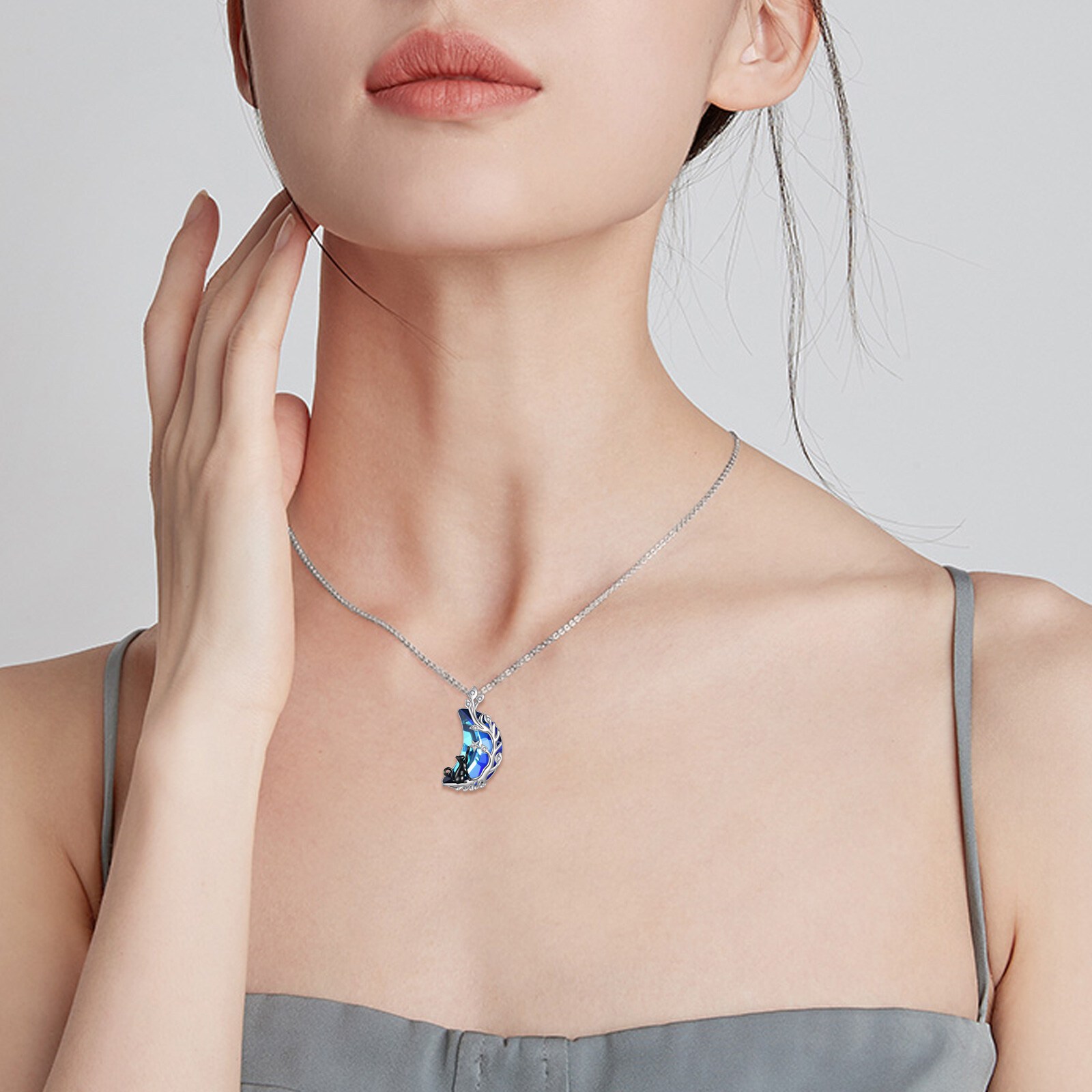 Women's Cat Necklace with Blue Crystal Moon Pendant, Gift